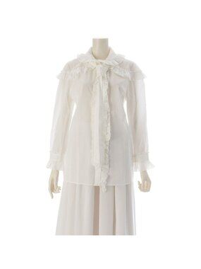 Gucci Cotton Ruffled Bow Tie Long Sleeve Shirt Blouse White 42